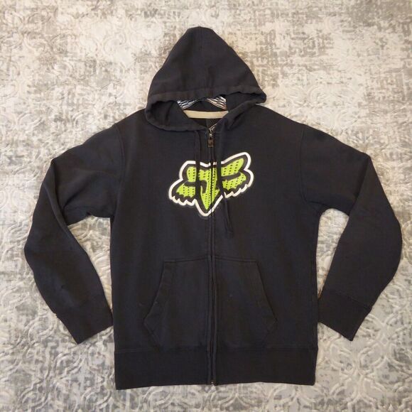 Fox Racing Hoodie Men's Medium Black Thrashed Grunge Full Zip Distressed - Picture 1 of 15
